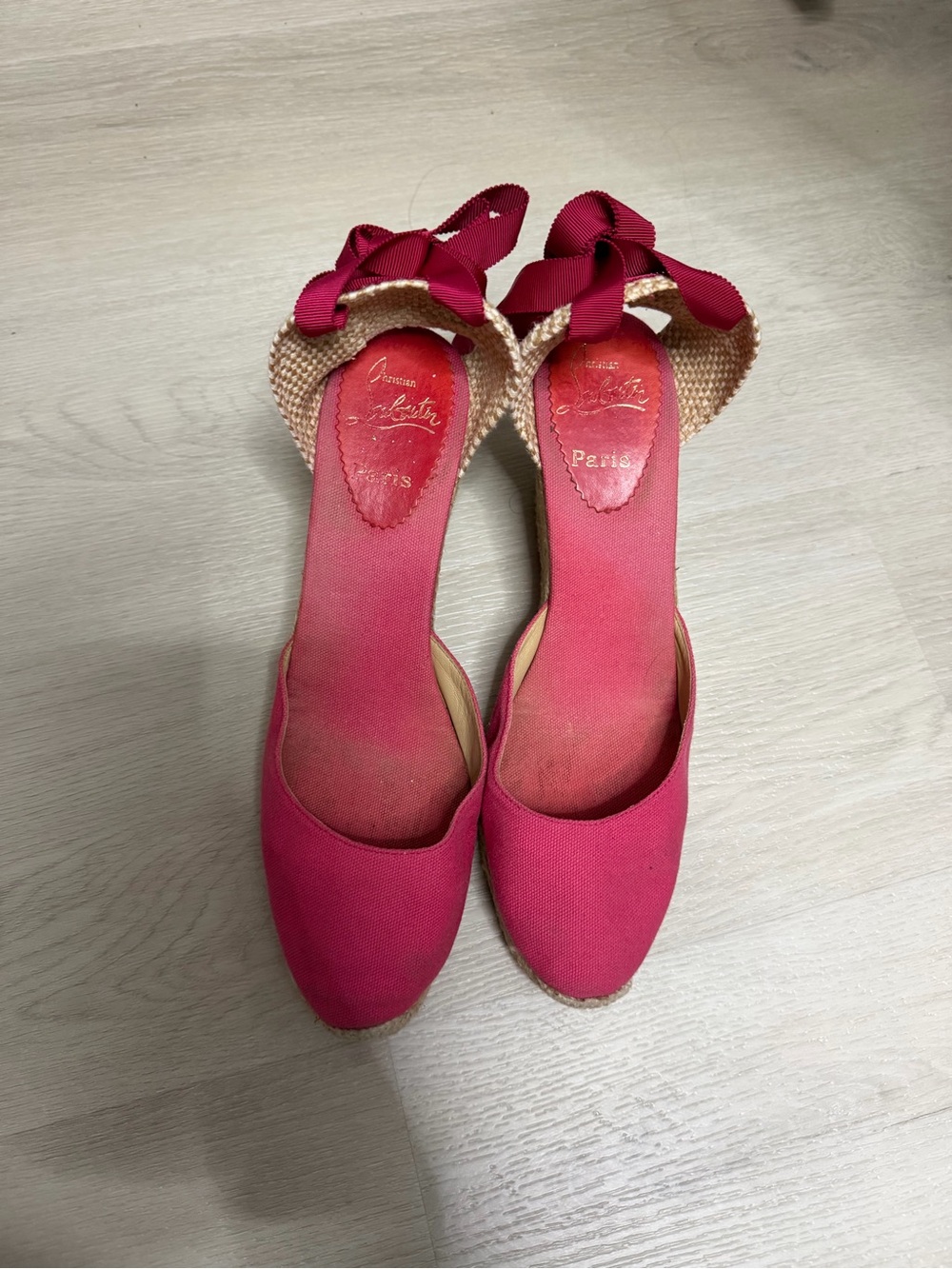 Christian Louboutin Raspberry Canvas Espadrille Wedges with Bow